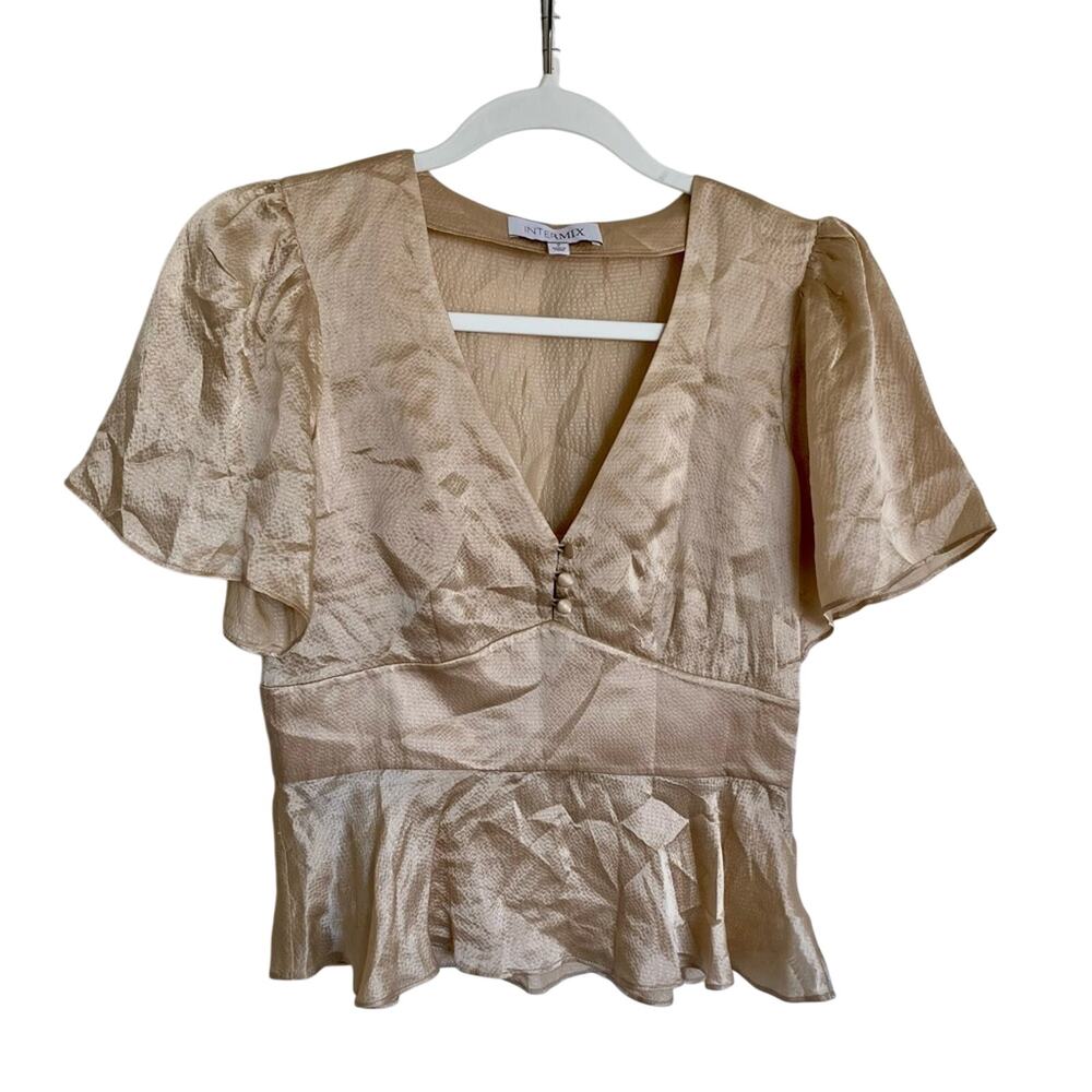Intermix Modern Chic 100% Silk V-Neck 3 Button Peplum Feminine Side Zip Blouse